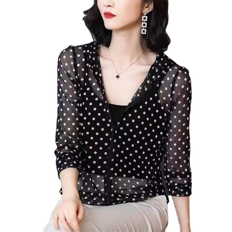 Sommer Koreanische Gestrickte Sonnenschutz Polka Dot Kapuzenjacke - Übergröße für Mittelalte & Ältere Frauen