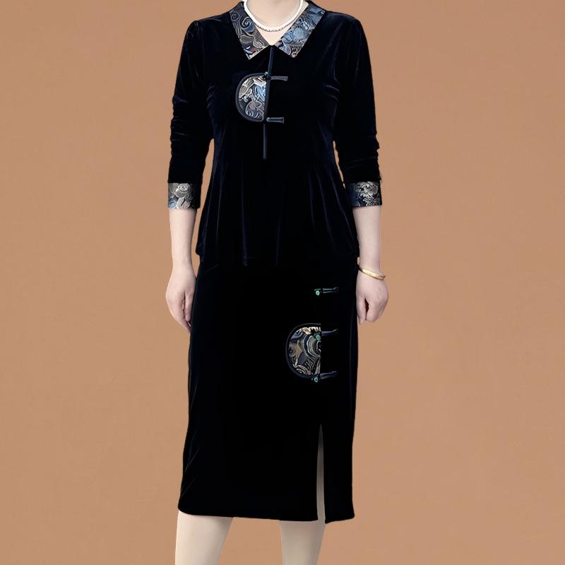 2025 Chinese Style Gold Velvet Spring Dress Two-Piece Set: Retro Middle-Aged Mom's Elegant Attire