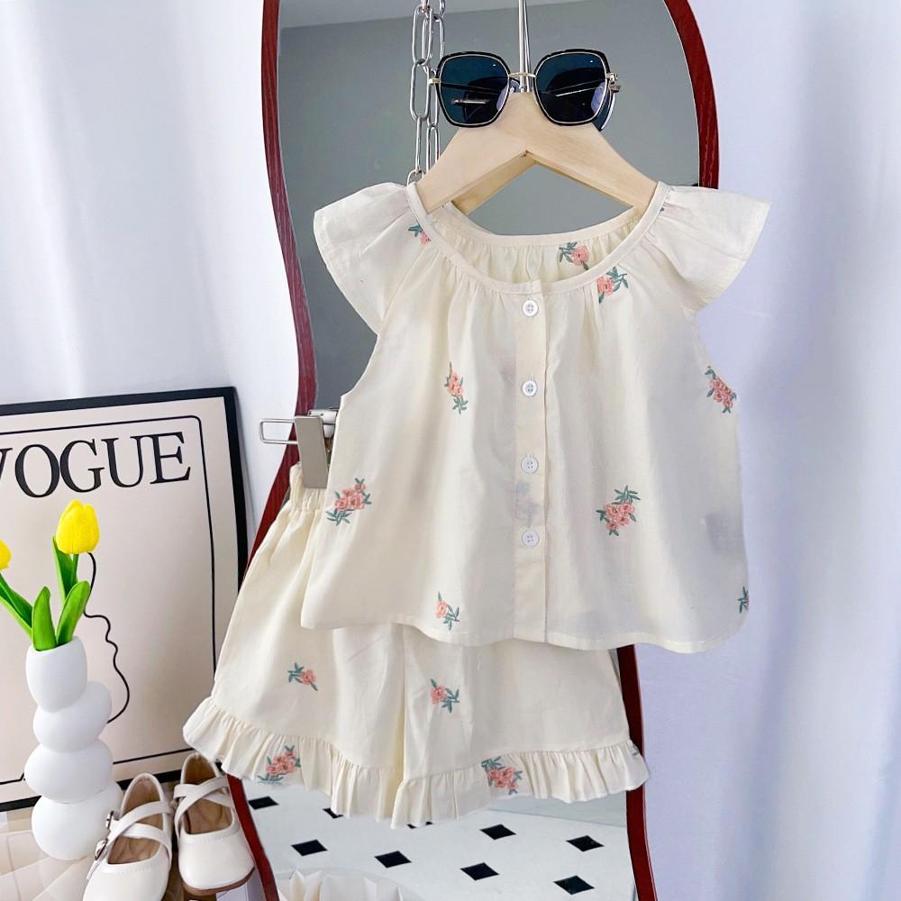 Children's Clothing Summer New Style Girls' Flying Sleeve Two-piece Set Pastoral Floral Foreign Trade Children's Suit