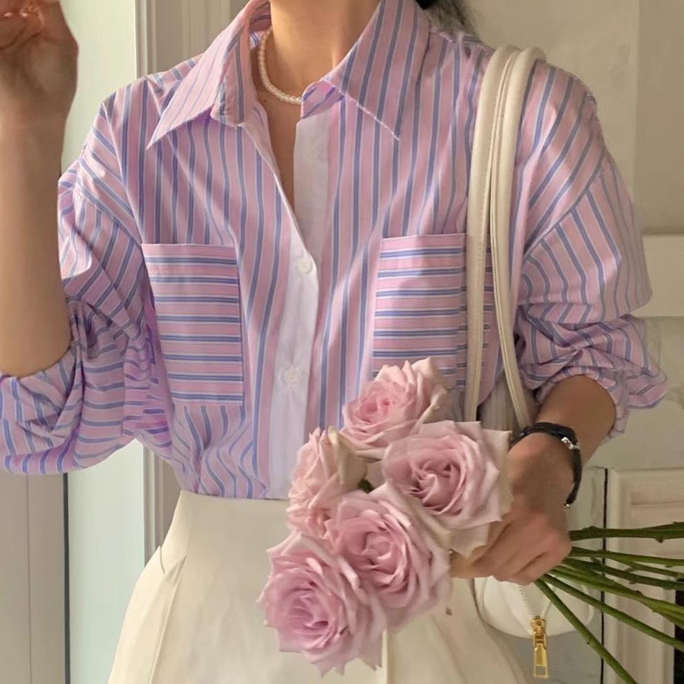 

Женская полосатая рубашка контрастного цвета в стиле ретро с длинными рукавами, весенний свободный топ с двойными карманами и лацканами XL розовый
