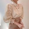 Frauen Stehkragen Spitze Patchwork Shirts Casual Aushöhlen Blume Blütenblatt Hülse Taste Tops Weiße Shirts für Frauen