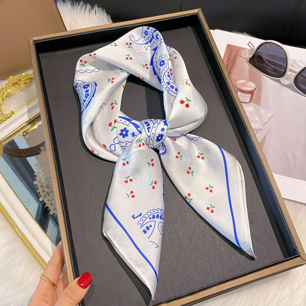Luxury   Floral Print Square Silk Scarf For Women Hijab Hair Bands 70Cm Neckerchief Female Satin Shawl Ribbon Headband