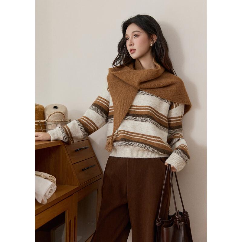 Women's Retro Striped Wool Blend Knit Shawl Two-Piece Sweater Set