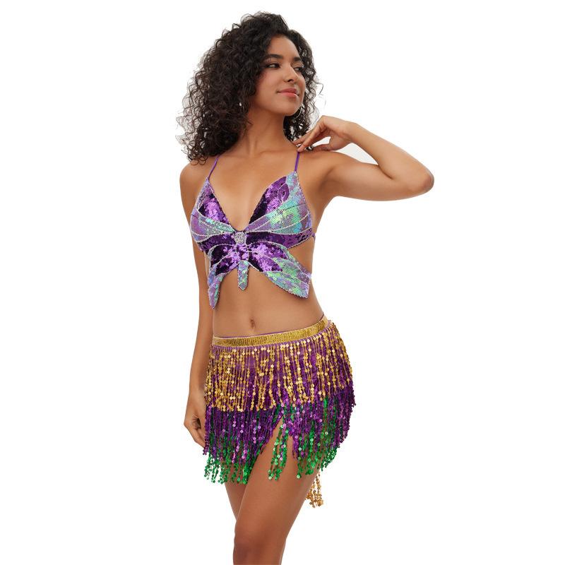 Bohemian Sequin Hip Scarf: Four-layer Tassel Waist Chain Belly Dance Costume for Women. Perfect for Halloween Performances.