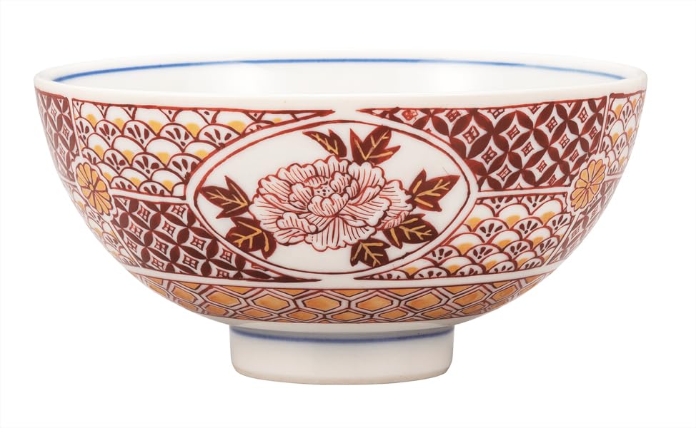 

Kutani ware Iwataya rice bowl with red floral calendar design K9-484