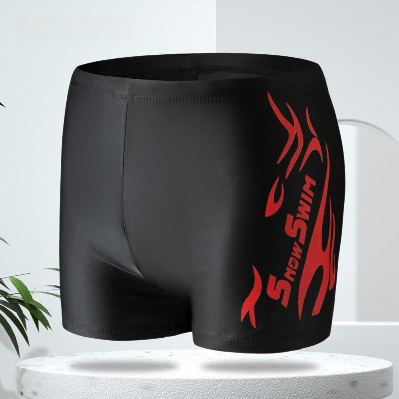 Men's Polyester Quick-Dry Flame Swim Trunks & Cap Set - Comfortable Plus Size Flat Leg Design for Hot Springs
