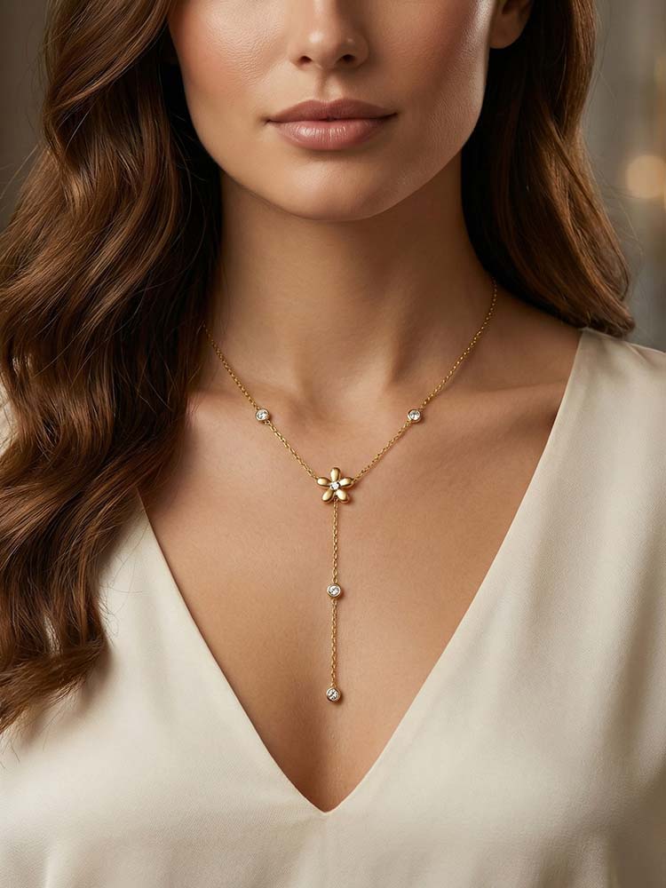 Long Y Shape Zirconia Chain Flower Necklaces for Women, Dainty Lariat Chain Drop Pendant Waterproof Jewelry Tarnish Free