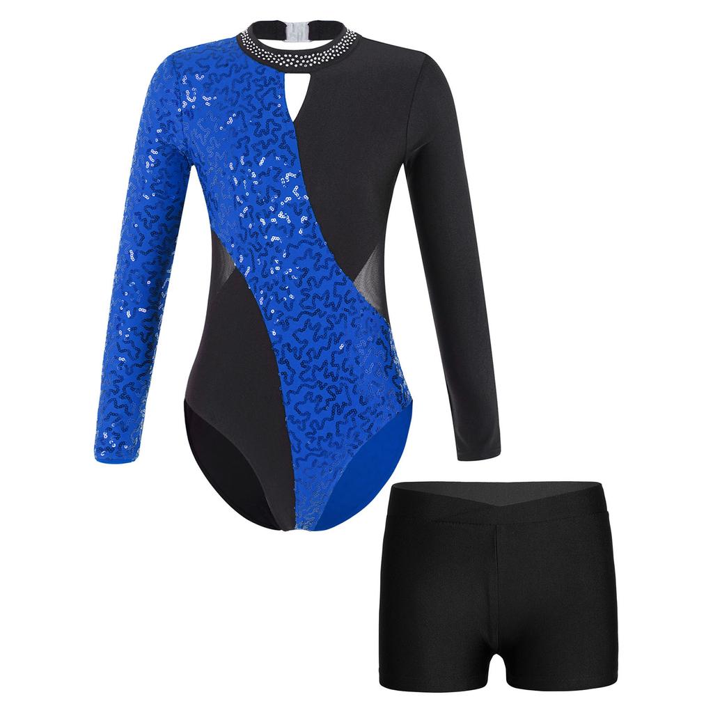 Купальник із блискучим декором із блискучими паєтками з довгими рукавами та шортами Одяг для катання на ковзанах для танцювальної гімнастики