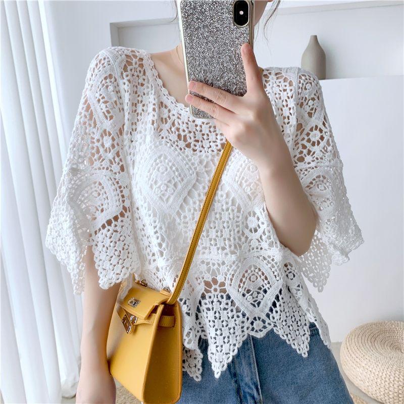 2025 Women's Casual Lace Blouse: Short Sleeve Crochet Shawl, Hollow Out, Fashionable Knit Top