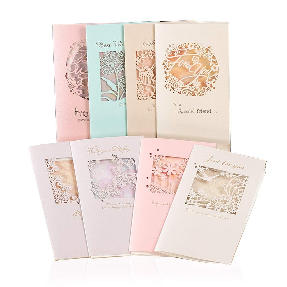 Moin Moin Message Birthday Shadow Eiffel Card Envelope Set of 8 Cards, Greetings, Paper-Cut Silhouettes, Pink, Blue, Yellow, Colorful, Flowers, Large,