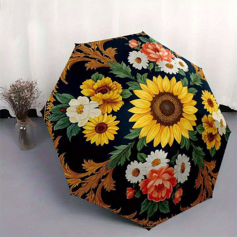 Vintage Floral Round Rug, Elegant Sunflower DesignUmbrella with Cute Design, Portable 3-Fold Compact Umbrella for Men & Women, Valentine's Day Mother'