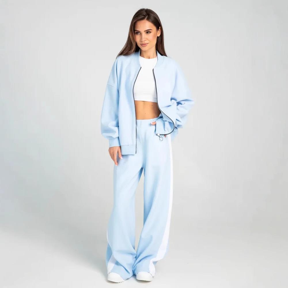 Women's Autumn 2-Piece Sportswear Set - Casual Long Sleeve Zip-Up Baseball Jacket & Solid Color Trousers