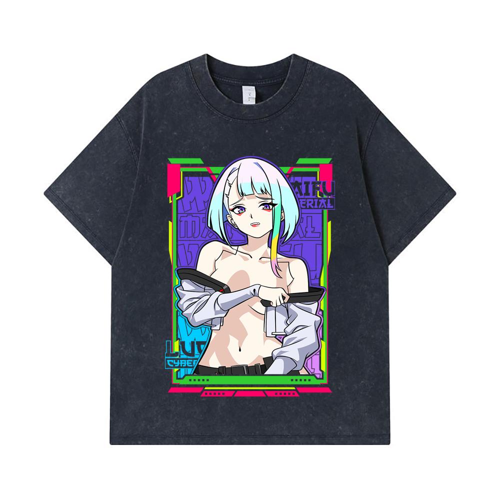 275 GSM Washed T-shirts 100% Cotton Cyberpunk V11 Lucy Waifu Print Unisex Heavy Cotton T Shirt