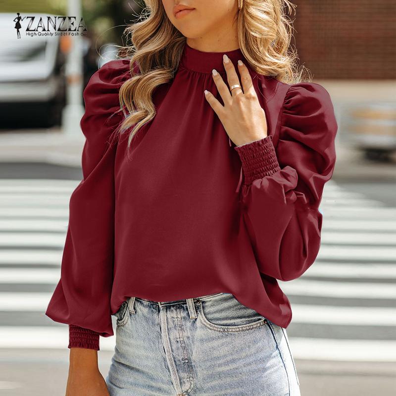 

ZANZEA Женская повседневная свободная блузка с длинным рукавом и воротником-стойкой