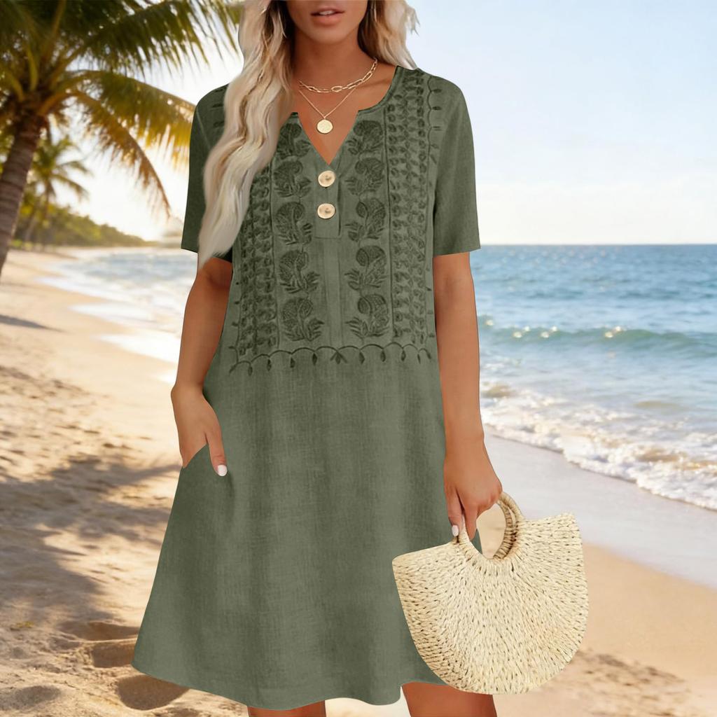 Women Casual Loose Fit Short Sleeve Dress Embroidered Front Button Detail Lightweight Summer Dress with Pockets