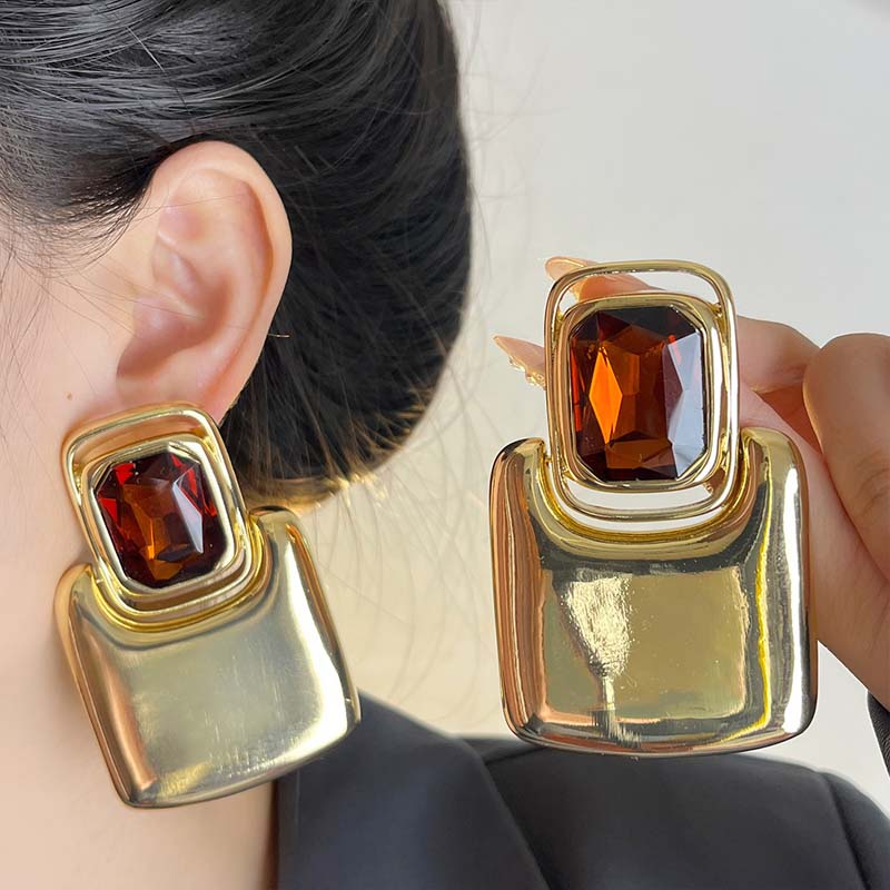 Vintage Metal Geometric Square Crystal Earrings For Women Girls Exaggerated Gold Color Big Chunky Earrings Jewelry Accessories