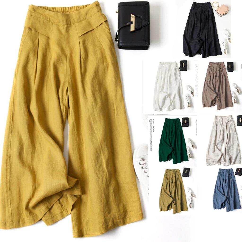 Women's Wide Leg Pants Elastic Mid Waist Cotton Linen Trousers Cropped Pants