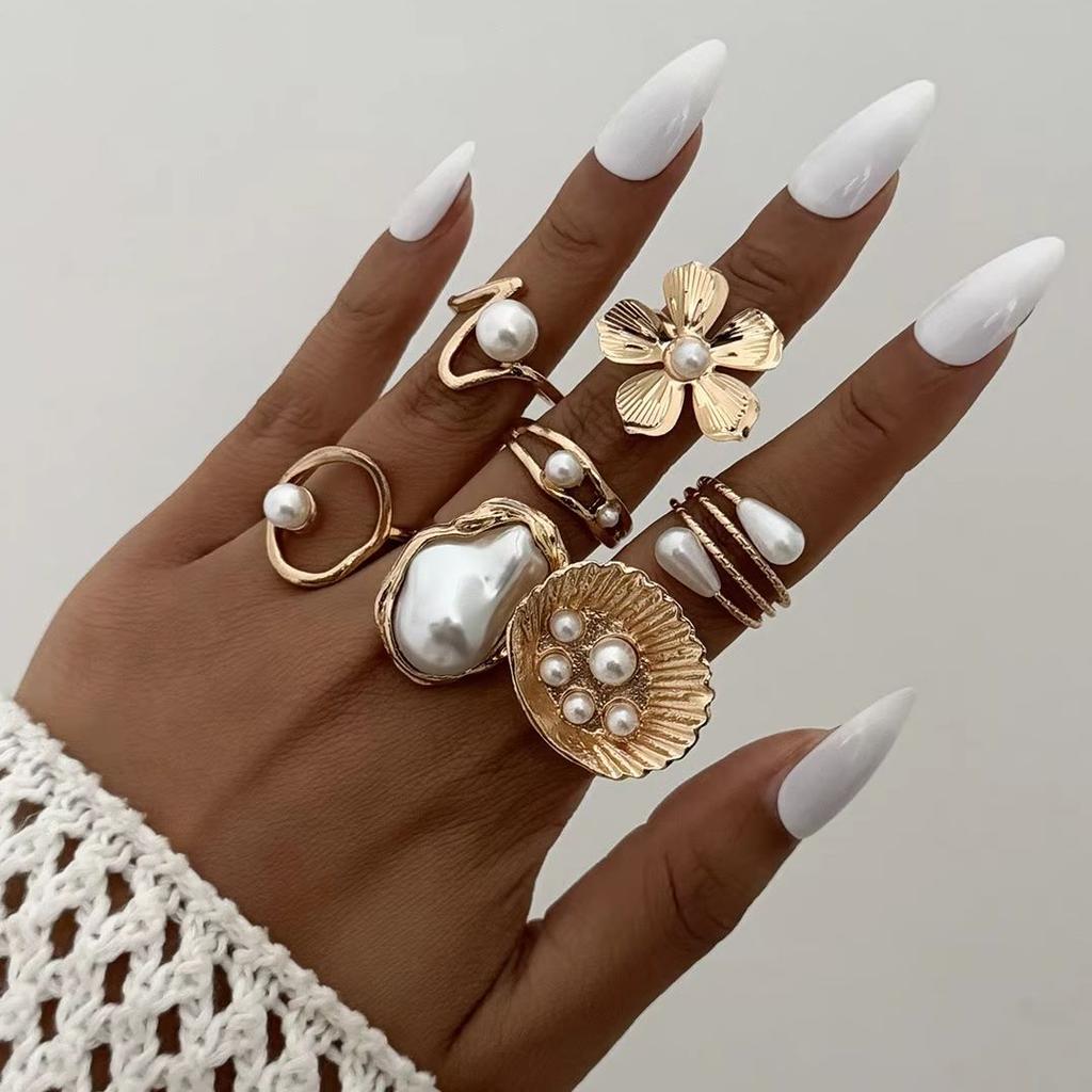 S/Set Vintage Irregular Baroque Imitation Pearl Rings For Women Boho Metal Flower Shell Geometric Finger Ring Party Jewelry