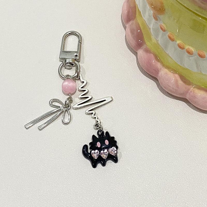 Y2K Stylish Black Cat Bow Keychain Ins Style Beaded Keyring Bag Pendant Decoration Earphone Camera Charm Car Key Accessories
