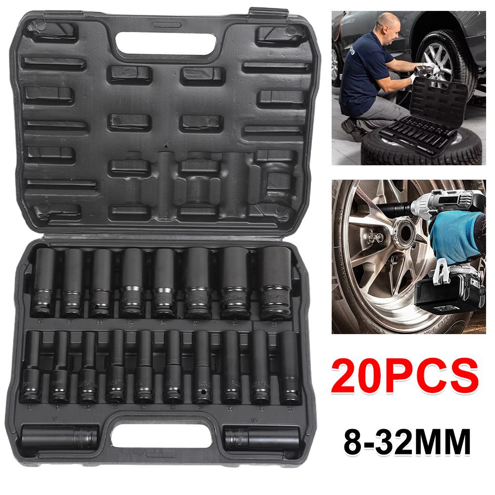 1/2” Impact Socket Set 20pcs Drive Hex Spanner Deep Sockets 8-32mm Pneumatic Wrench Head Tire Removal Tools