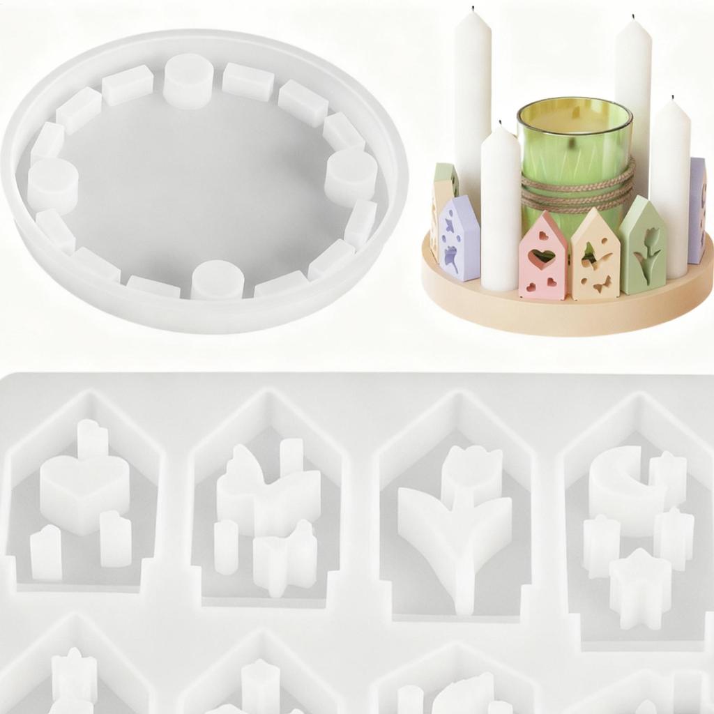 Silicone Christmas Advent wreath Resin Molds 12-Cavity with Base Non-Stick Christmas Houses Candlestick Mold DIY decorative mold