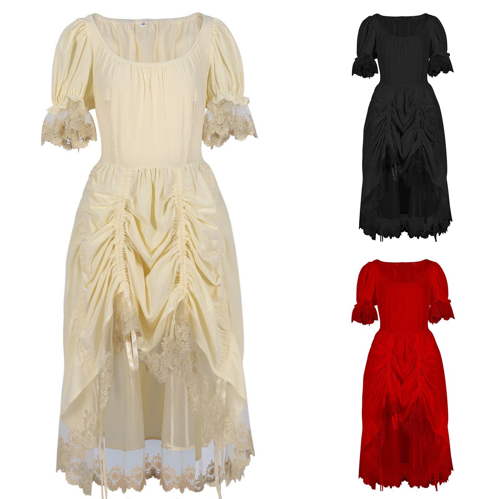 

Womens Lace Dress Short Sleeve Layered High Low Dress Gothic Cosplay Costume M червоний