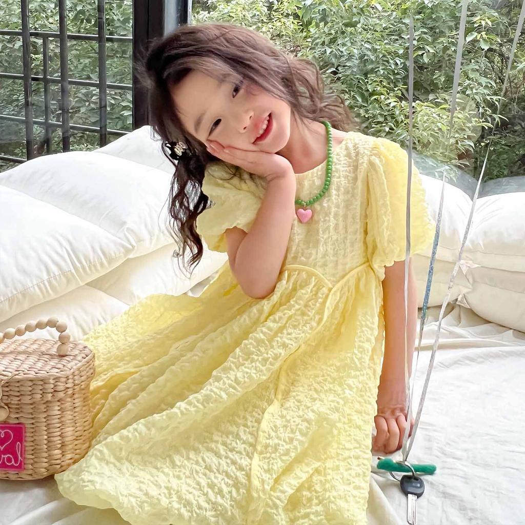 Girls' Summer Dress Solid Color Sweet Dress Short Sleeved Princess Dress Fluffy Dress for Children Clothing