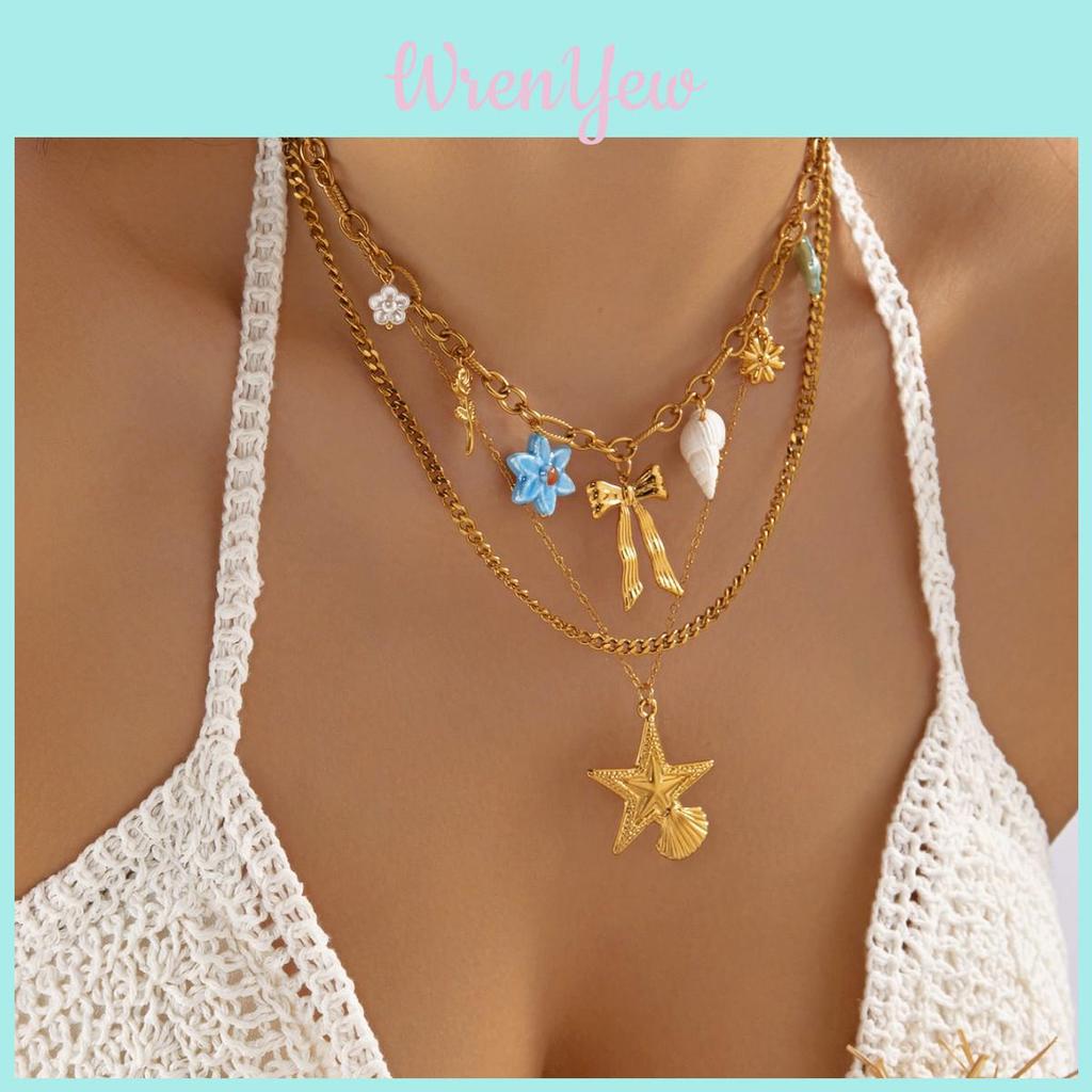 Beach Style Double Layer Stainless Steel Necklace With Starfish Shell And Heart Pendant For Women And Men