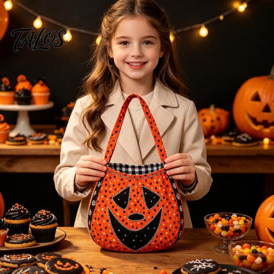 Kids Pumpkin Goodie Bags Halloween Trick‑or‑Treat Tote Bag, Ghost Face Candy Handbag, Party Favor Holders Reusable Bag for Costume Accessory