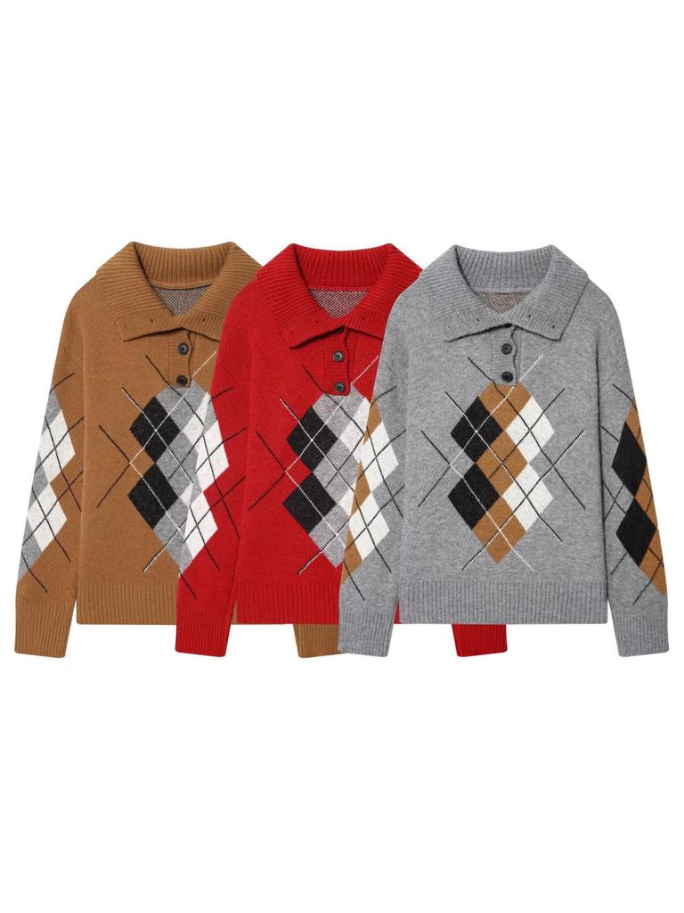 Retro Plaid Polo Collar Sweater - 2026 Autumn/Winter Fashionable Knit Top