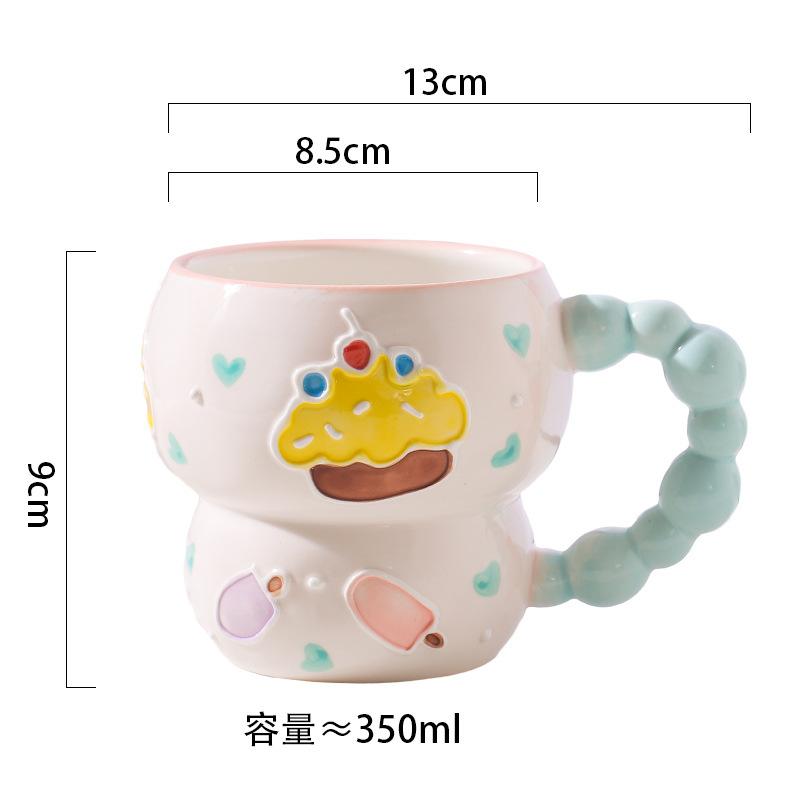 Hand-Painted Relief Ceramic Breakfast Cup Large Capacity Oat Cup Mug Cute Creative Household Cup Cartoon Water Cup
