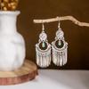Ethnic Miao Silver Style Long Tassel Earrings with Ancient Scenic Stud Design for Women