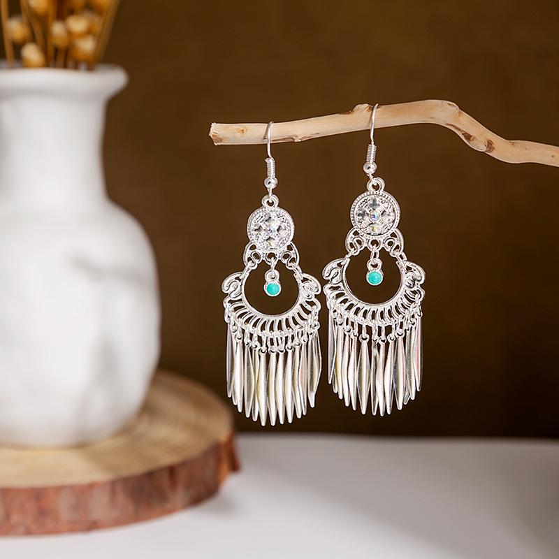 Ethnic Miao Silver Style Long Tassel Earrings with Ancient Scenic Stud Design for Women
