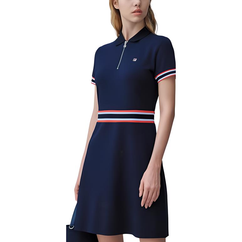 Fila Sports Lifestyle Series Fashion Casual Polo Neck Loose Short Sleeve Dress Women Dresses Legendary-Blue F51W321310FNV