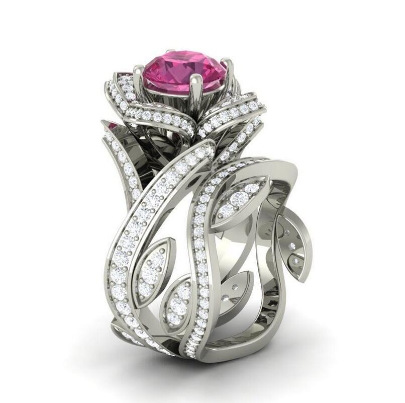 High Quality Women'S Rose Zircon Ring Copper Silver Plated Creative Flower Ring