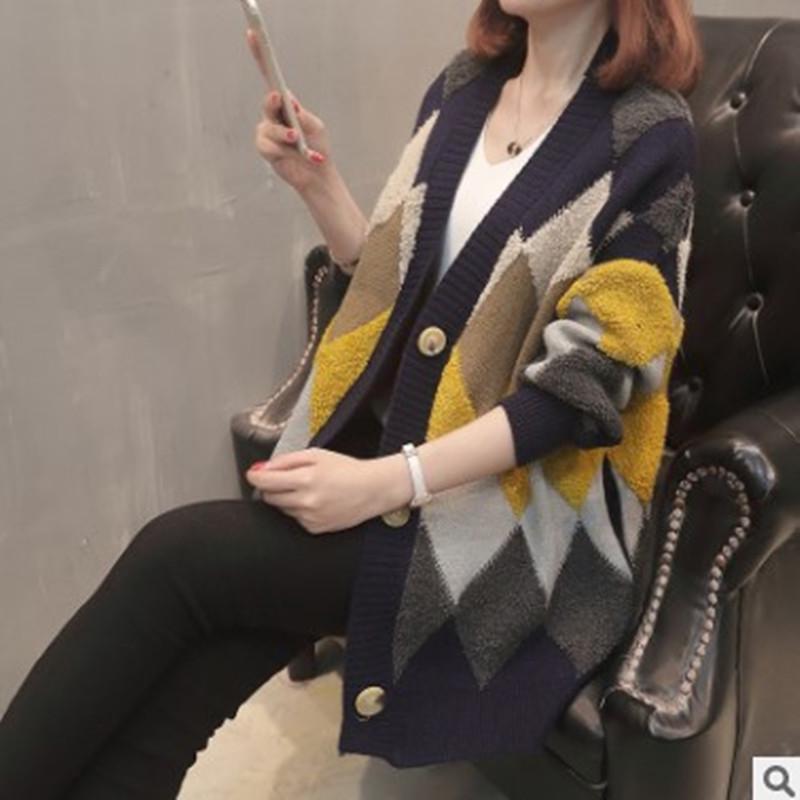 Cardigan in Maglia con Scollo a V a Blocchi di Colore e Motivo a Diamanti 2023 - Stile Coreano, Dimagrante, Vestibilità Larga per Primavera/Autunno.