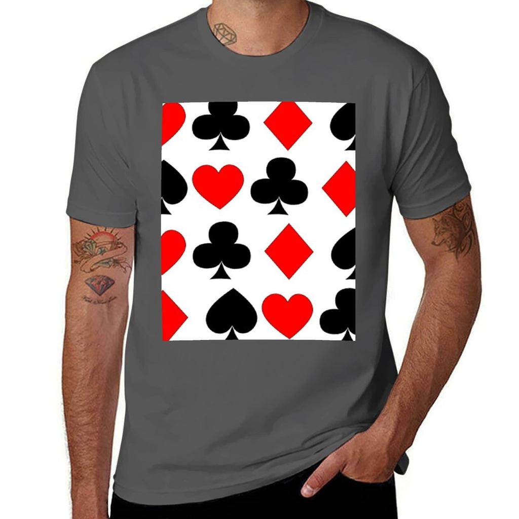 DECORATIVE CASINO NIGHTS CARD SUITS ART T-Shirt Basic Plain Short Sleeve Crew Neck Tee