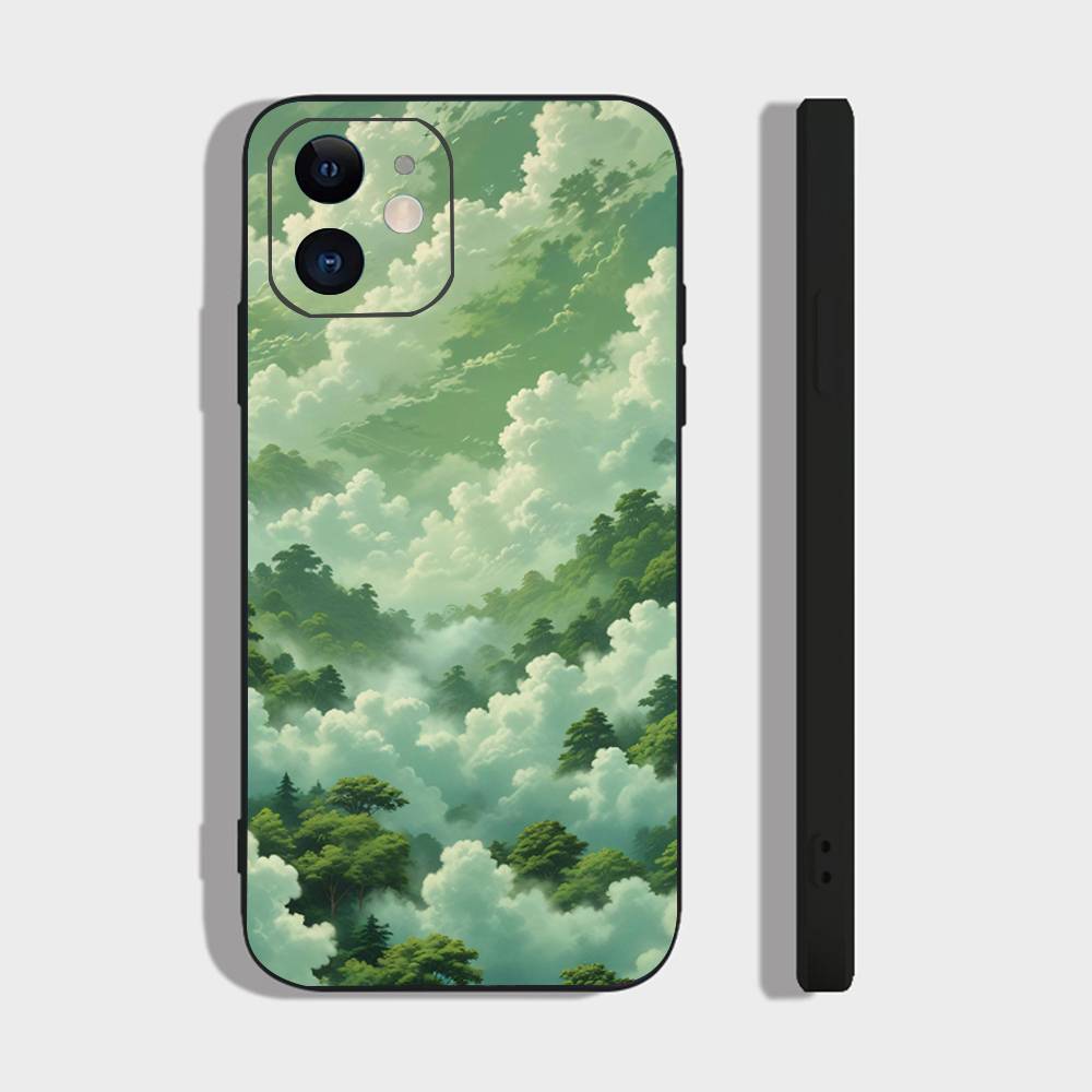 

Green Scenery Clouds Phone Case For IPhone 17 Air 16 15 14 13 Pro Max 11 12 Black Silicone Cover IPHONE 13
