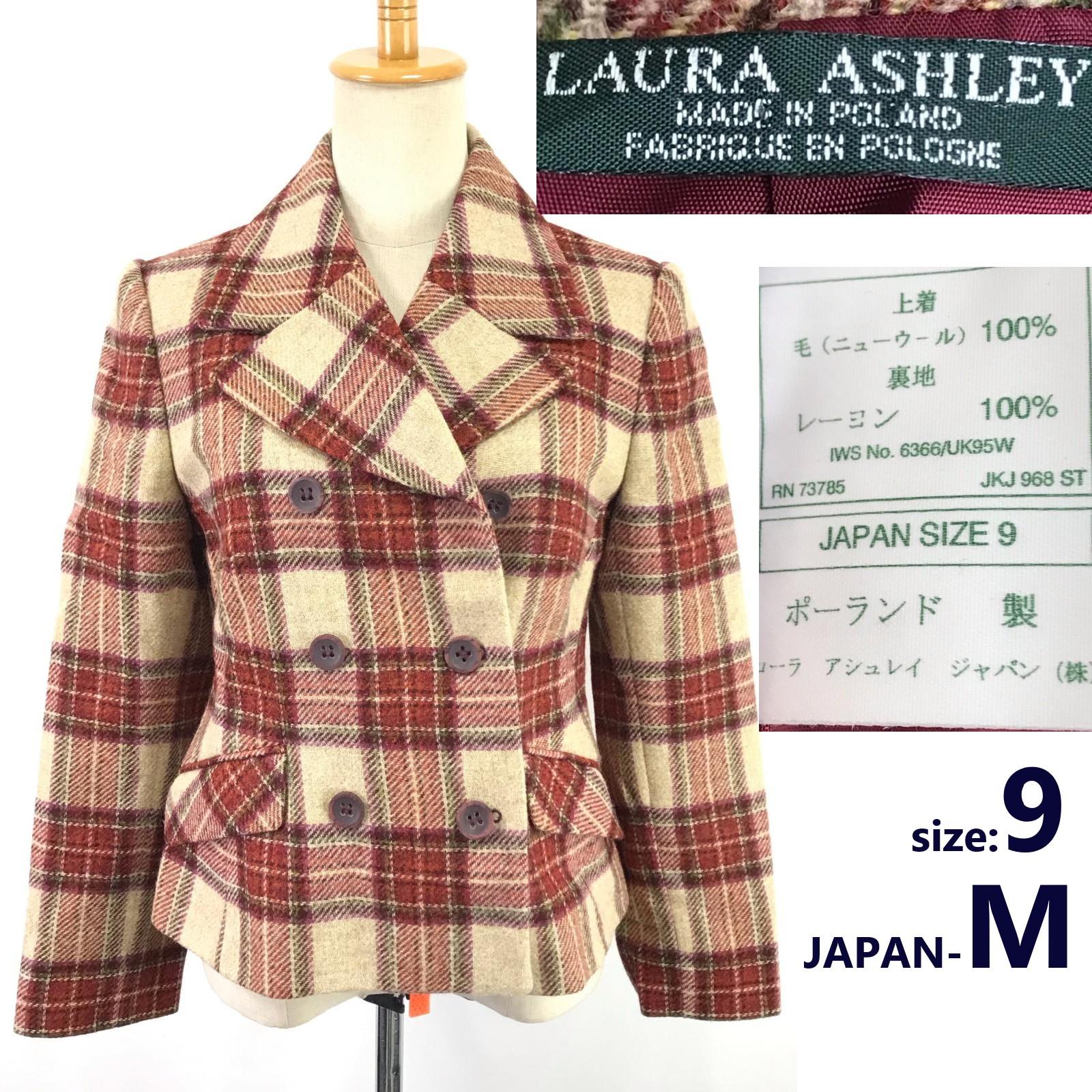 

Made in Poland Laura Ashley Short Pea Coat 9 Women M Red×Beige Check Outer Jacket(USED)