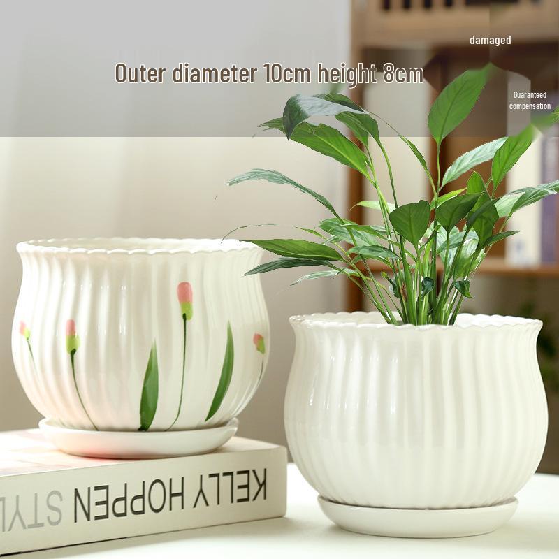 Elegant White Ceramic Flower Pot with Tray - Ideal for Ivy, Spider Plants, and Succulents