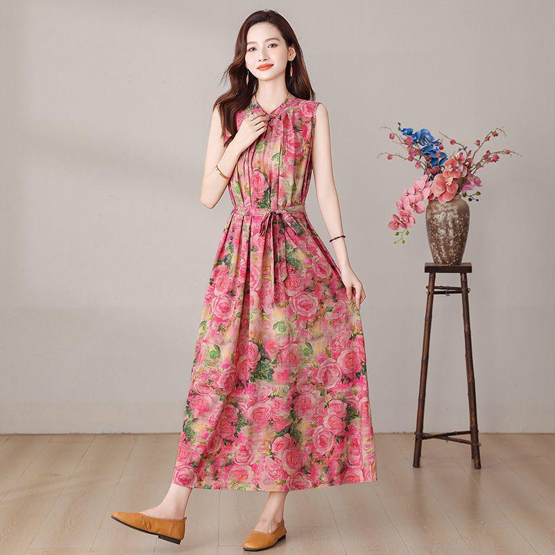 Elegant Floral Plus Size Cotton Silk Summer Dress for Middle-Aged Women