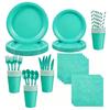 In-Stock Tiffany Blue Party Tableware Set: Solid Color Round Plates, Paper Cups, Napkins, and Cutlery.