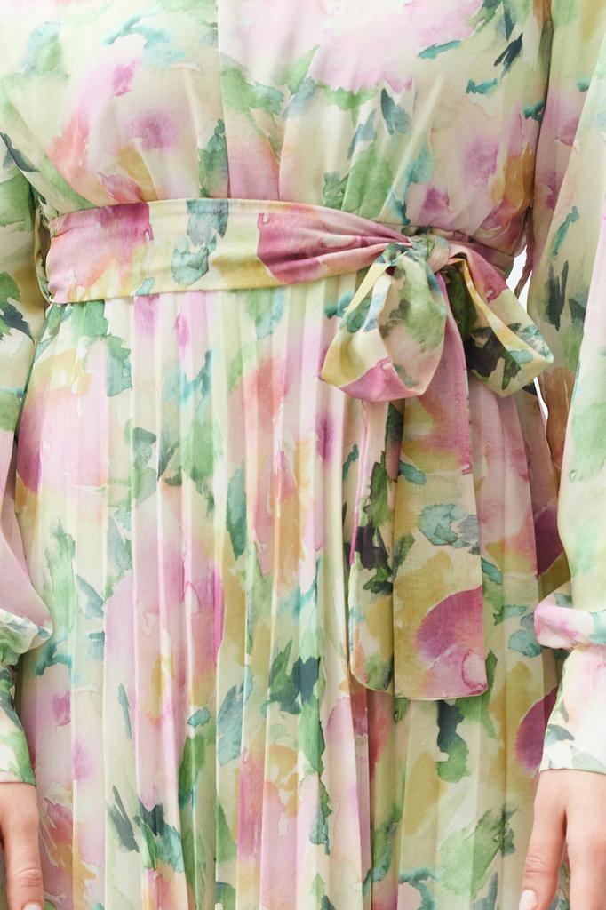 Women's Hijab Dress New Season Fashion Multi-Colored Floral Belt Detailed Lined Pleated Chiffon Woven Dress