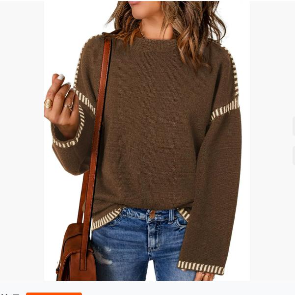 Autumn and Winter Women's Sweater Solid Color Round Neck Loose Long-sleeved Contrast Color Twisted Knitted Pullover Sweater Top