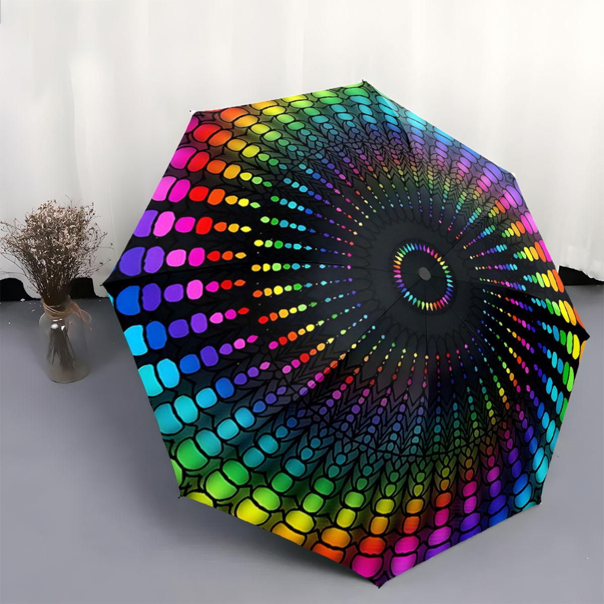 Automatic Open/Close Umbrella with Concentric Rainbow Teardrop Pattern - Compact Folding Umbrella, Windproof 8-Rib Shaft, Ligh