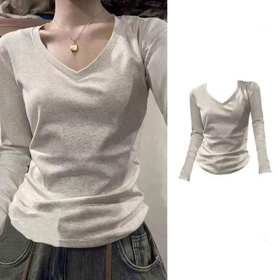 Top Base a Manica Lunga con Scollo a V per Donna in Primavera/Autunno, Nuovo Stile, Manica Lunga, Vestibilità Aderente, Stile Basico, Top Modellante