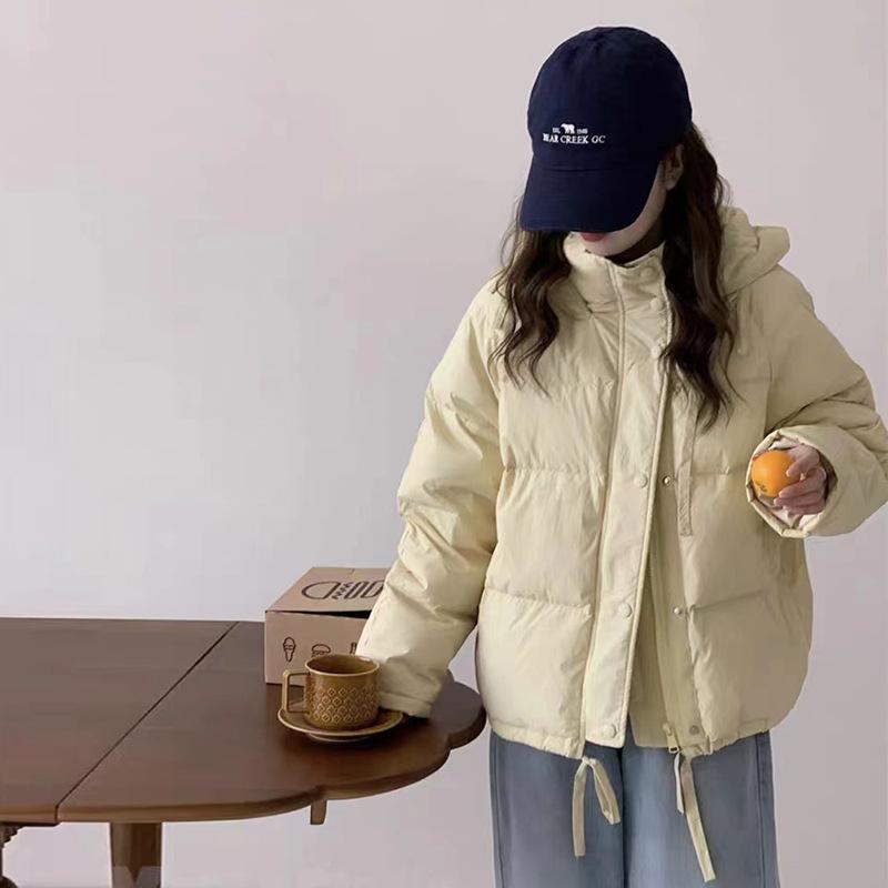 

College style down jacket women s short thickened 2025 winter fashion small streamer white duck down bread jacket S