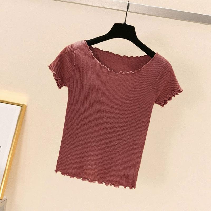 Dámské Léto Pletené Ledové Hedvábné Trička Topy Krátký rukáv Tenký Plísňový Listový Límec Vysoký Pas Jednobarevná Studená