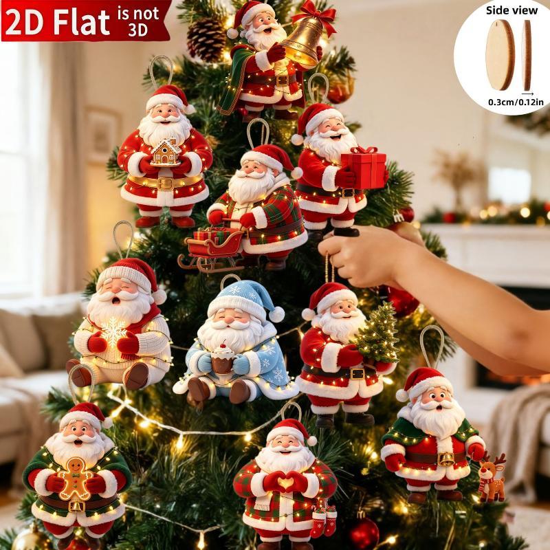 2D Flat Wooden Santa Claus Hanging Ornaments 10Pcs Cute Xmas Pendant for Christmas Wreath Tree Home Decor