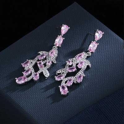 Nouvelles Boucles d'Oreilles Longues Zircon Rose Feuille Japonaises et Coréennes pour Soirée